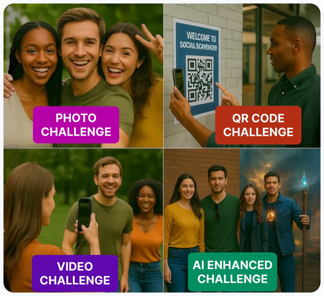 Diverse Challenge Types - photo, QR, video, AI enhanced